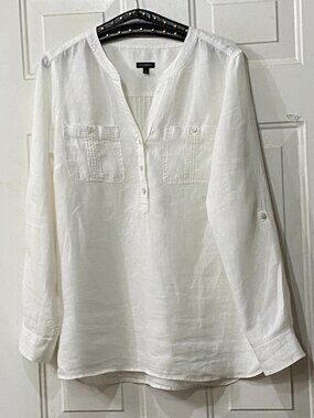 Talbots Sz M Linen White Blouse Popover Roll Up Long Sleeve Pockets